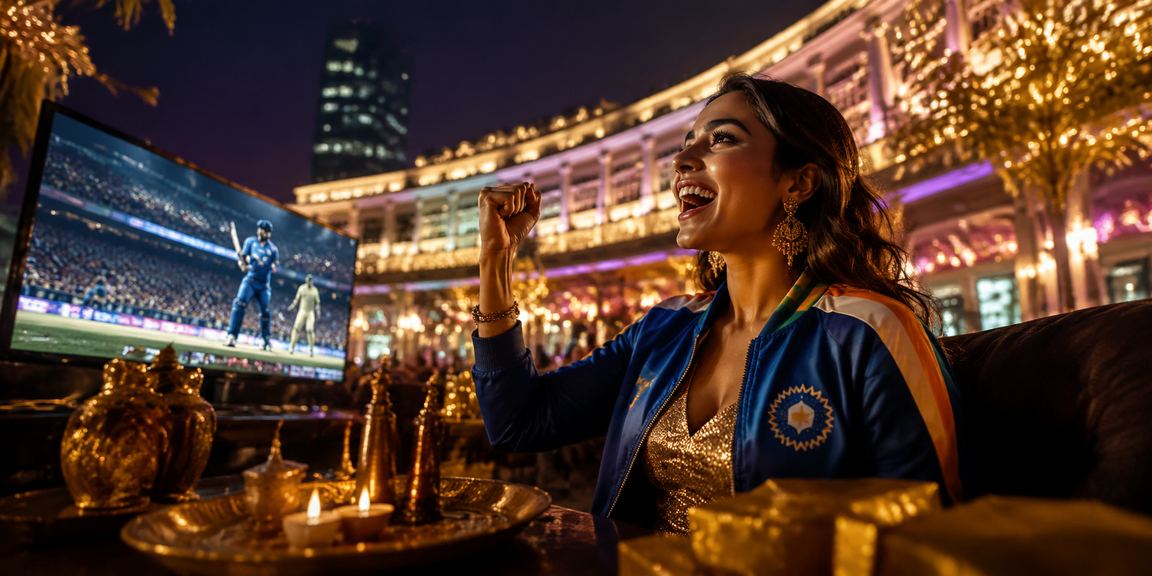 Diwali festival lights at Delhi Connaught Place with cricket betting neon signs