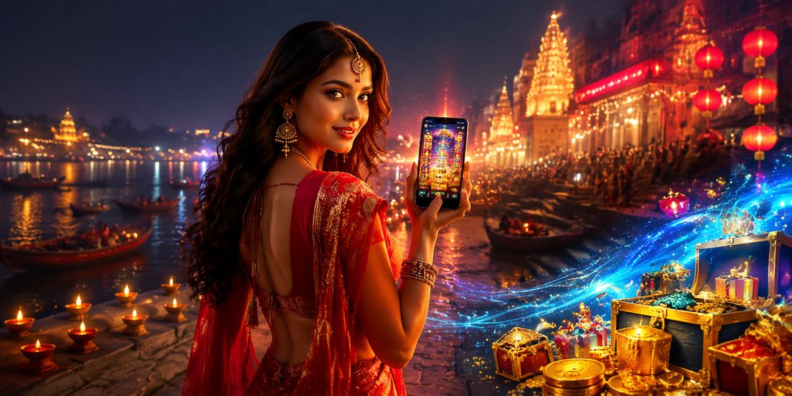 Varanasi Ghat with blue gold decoration and deposit bonus concept